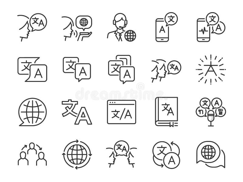 Ligne ensemble de traduction d'icône A inclus les icônes comme traduisent, traducteur, langue, bilingue, dictionnaire, communicat