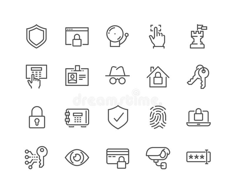Simple Set of Security Related Vector Line Icons. Contains such Icons as Finger Print, Electronic key, Spy, Password, Alarm and more. Editable Stroke. 48x48 Pixel Perfect. Simple Set of Security Related Vector Line Icons. Contains such Icons as Finger Print, Electronic key, Spy, Password, Alarm and more. Editable Stroke. 48x48 Pixel Perfect.