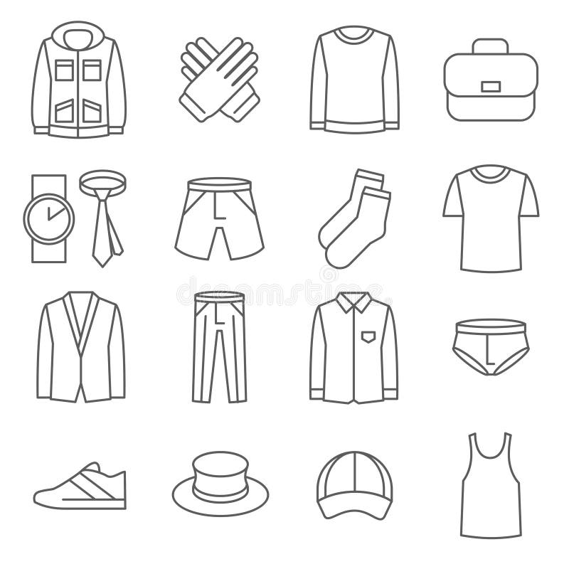 Mens clothes vector line icons set. Fashion clothes, icon man clothes, shoe and jacket clothes illustration. Mens clothes vector line icons set. Fashion clothes, icon man clothes, shoe and jacket clothes illustration