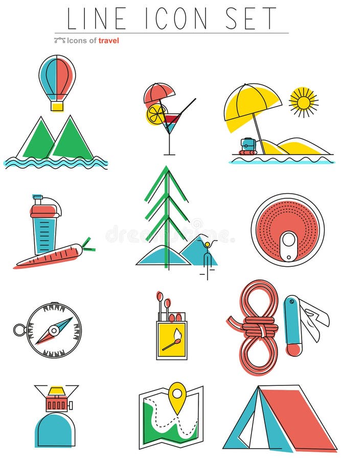 ligne icônes de voyage réglées Équipement extérieur, campant illustration de vecteur ligne icônes de voyage réglées Équipement extérieur, campant illustration de vecteur