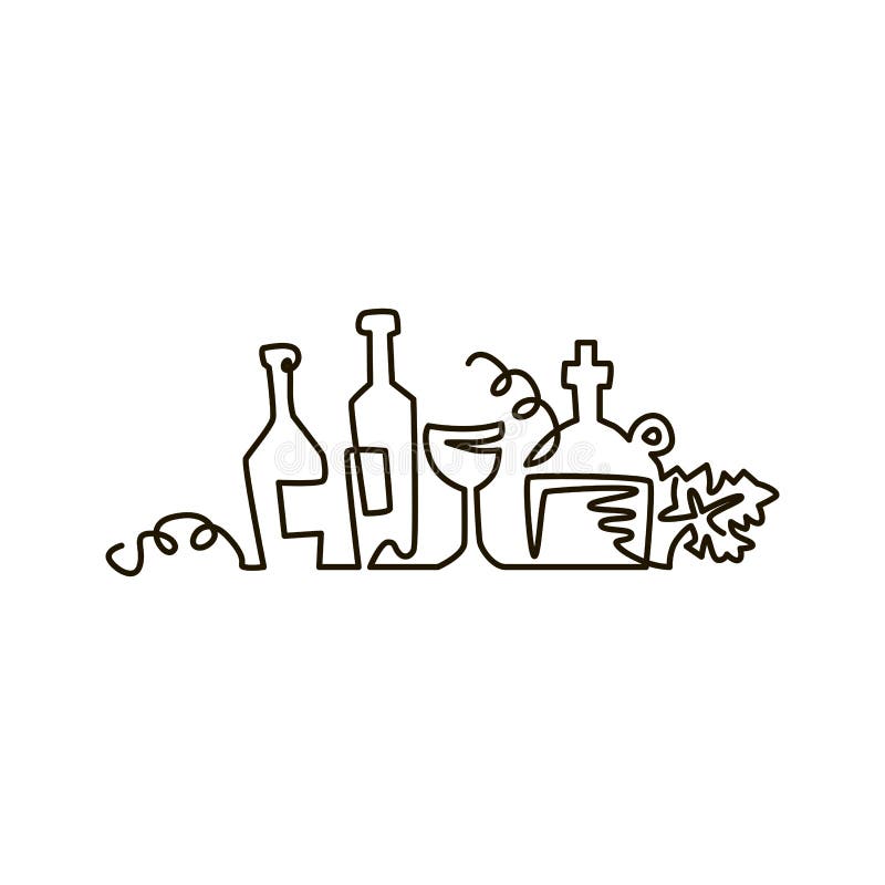 Ligne icône de vecteur Bouteilles de vin avec des feuilles de raisin Un dessin au trait D'isolement sur le fond blanc illustration libre de droits Ligne icône de vecteur Bouteilles de vin avec des feuilles de raisin Un dessin au trait D'isolement sur le fond blanc illustration libre de droits