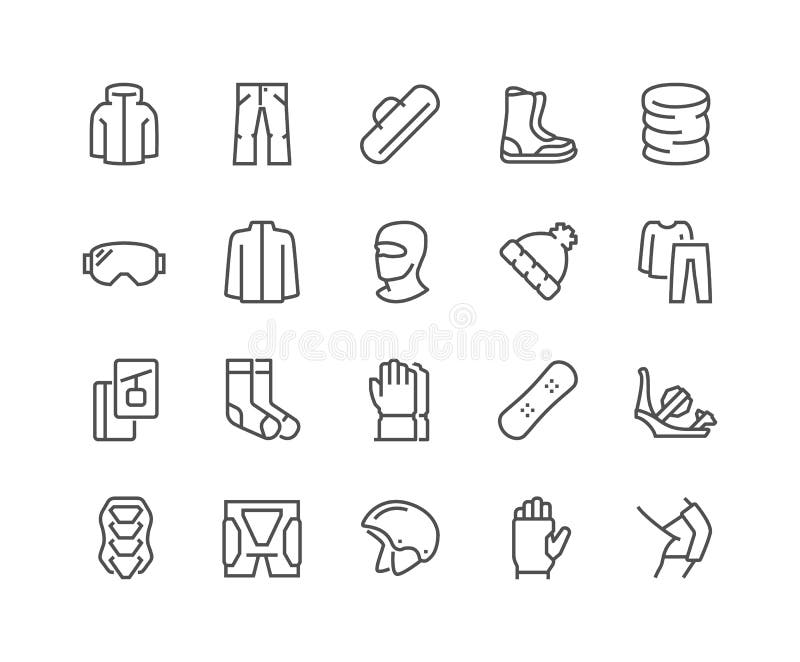 Simple Set of Snowboarding Related Vector Line Icons. Contains such Icons as Body Armor, Snowboard Bindings, Protecting Equipment and more. Editable Stroke. 48x48 Pixel Perfect. Simple Set of Snowboarding Related Vector Line Icons. Contains such Icons as Body Armor, Snowboard Bindings, Protecting Equipment and more. Editable Stroke. 48x48 Pixel Perfect.