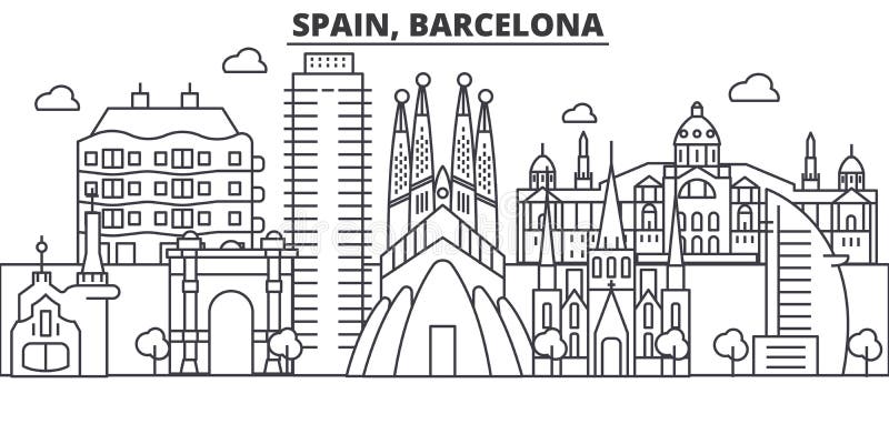 Ligne illustration d'architecture de l'Espagne, Barcelone d'horizon Paysage urbain linéaire de vecteur avec les points de repère illustration libre de droits Ligne illustration d'architecture de l'Espagne, Barcelone d'horizon Paysage urbain linéaire de vecteur avec les points de repère illustration libre de droits