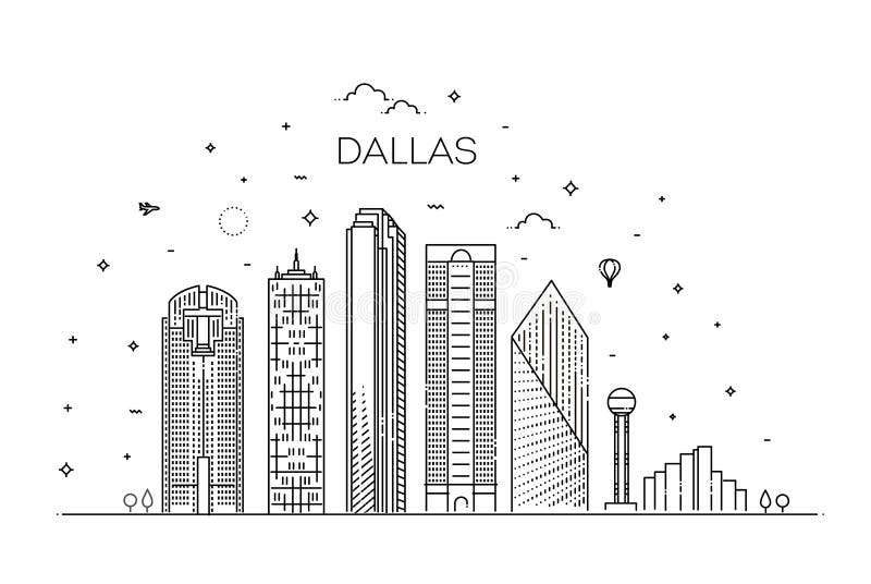 Ligne illustration d'architecture de Texas Dallas d'horizon Paysage urbain linéaire de vecteur avec les points de repère célèbres illustration de vecteur Ligne illustration d'architecture de Texas Dallas d'horizon Paysage urbain linéaire de vecteur avec les points de repère célèbres illustration de vecteur