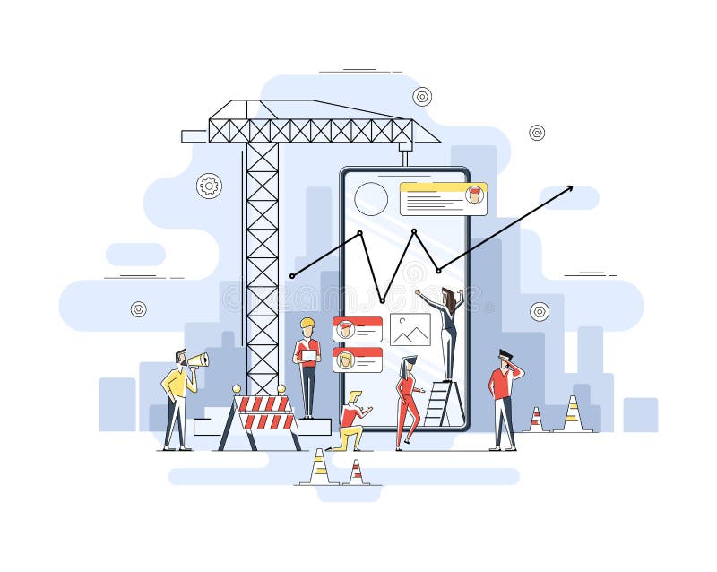 Ligne mince conception plate du chantier de construction mobile d'appli, construction d'interface utilisateurs de smartphone, cod illustration stock Ligne mince conception plate du chantier de construction mobile d'appli, construction d'interface utilisateurs de smartphone, cod illustration stock