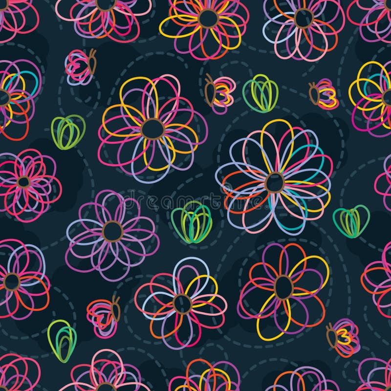 This illustration is design flower line colorful with butterflies stylish with dark color bright the background in seamless pattern. This illustration is design flower line colorful with butterflies stylish with dark color bright the background in seamless pattern.