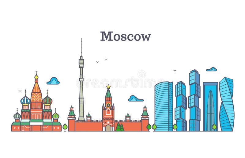 Ligne panorama, horizon moderne de ville, symbole d'ensemble de la Russie, paysage urbain plat de vecteur de Moscou illustration de vecteur Ligne panorama, horizon moderne de ville, symbole d'ensemble de la Russie, paysage urbain plat de vecteur de Moscou illustration de vecteur