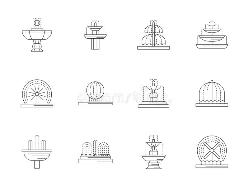 Ligne plate icônes de fontaines décoratives réglées illustration stock Ligne plate icônes de fontaines décoratives réglées illustration stock