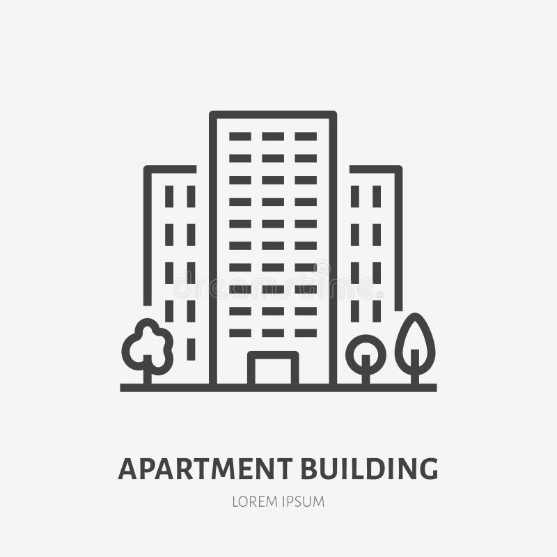 Ligne plate icône d'immeuble Signe mince de vecteur de maison à plusiers étages, logo de loyer de logement Illustration de Real E