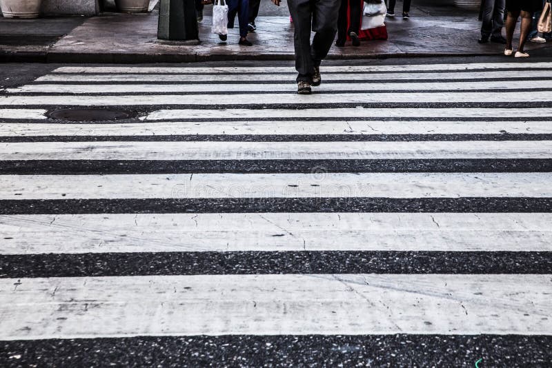 City crosswalk lines in street with pedestrians. City crosswalk lines in street with pedestrians