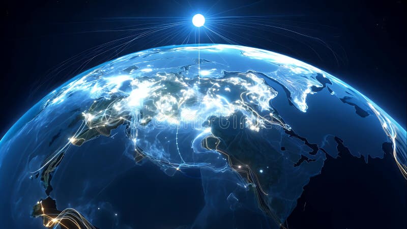 Lignes lumineuses abstraites enroulées autour de la Terre formant un réseau de noeuds interconnectés représentant un planétal illustration libre de droits