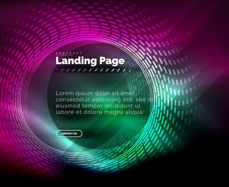 Lijnen van neon de gloeiende techno, hi-tech futuristisch abstract malplaatje als achtergrond met cirkels, landend paginamalplaat stock illustratie Lijnen van neon de gloeiende techno, hi-tech futuristisch abstract malplaatje als achtergrond met cirkels, landend paginamalplaat stock illustratie