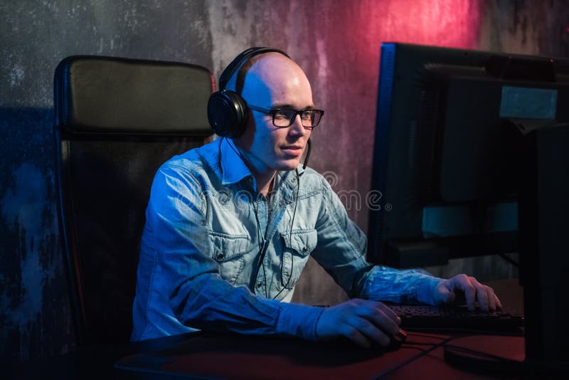 He Like Play and Win Video Games. in Blue Light of Display Emotional