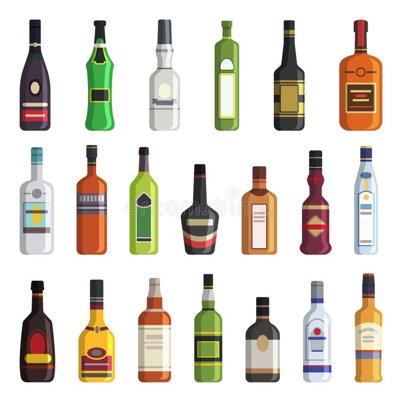Likeur, whisky, wodka en andere flessen van alcoholische dranken Vectorbeelden in vlakke stijl vector illustratie Likeur, whisky, wodka en andere flessen van alcoholische dranken Vectorbeelden in vlakke stijl vector illustratie