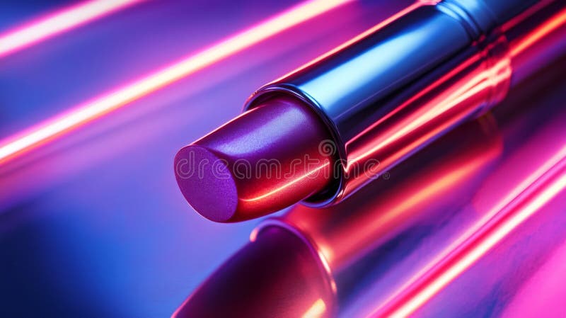 Lila och röda läppstift med metallhölje på reflekterande yta och nyljus vektor illustrationer