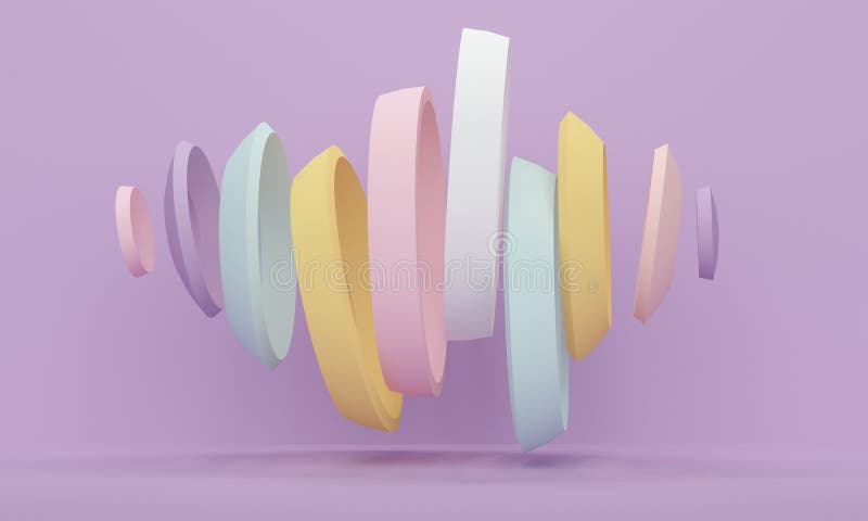 Lilac abstract background with colored flying figures. 3d rendering royalty free illustration