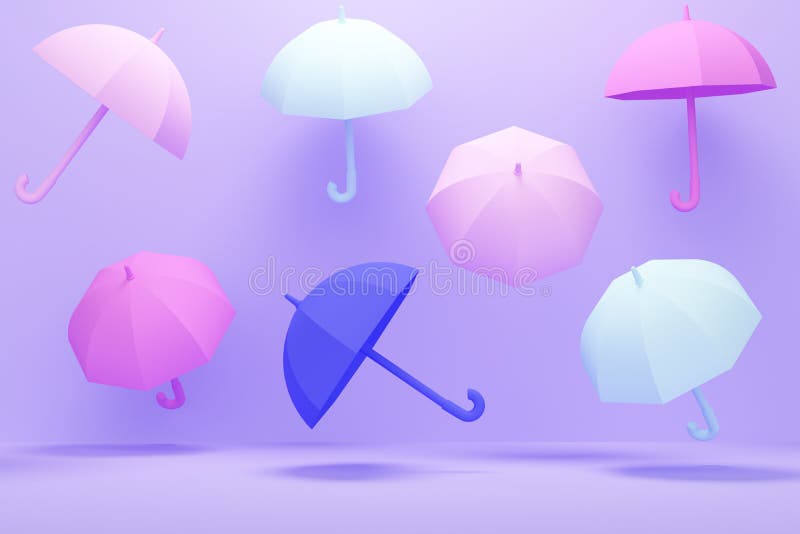 Lilac abstract background with colored umbrellas. 3d rendering royalty free illustration