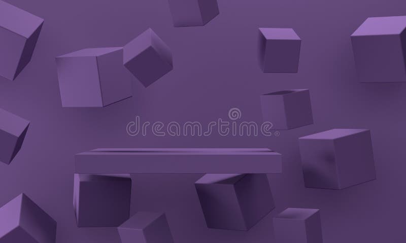 Lilac abstract background with flying podium and cubes. 3d rendering vector illustration