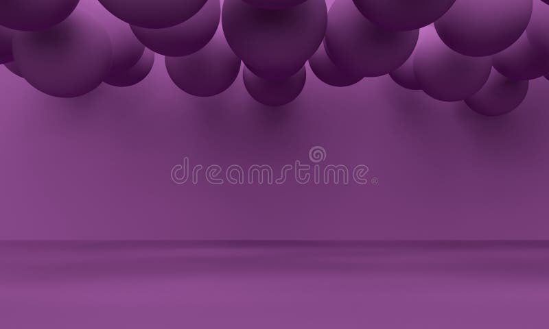 Lilac abstract background with flying spheres on the ceiling. 3d rendering vector illustration
