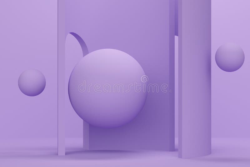 Lilac abstract background with high arch and flying sphere. 3d rendering stock illustration