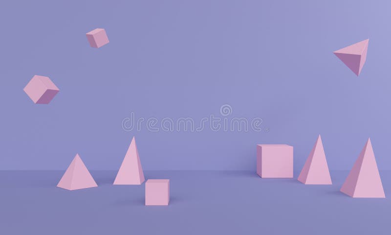 Lilac abstract background with pink flying pyramid and cube. 3d rendering stock illustration