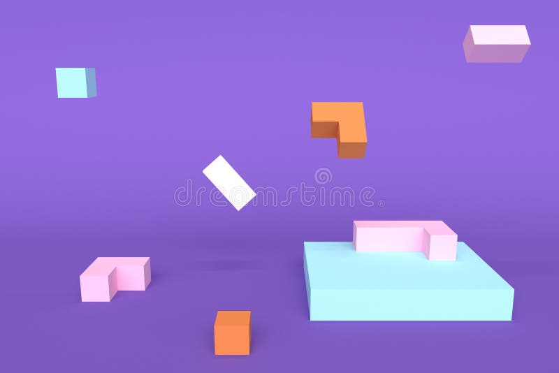 Lilac abstract background with podium and flying figures. 3d rendering stock illustration
