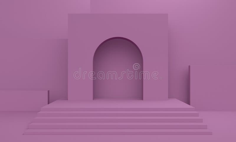Lilac abstract background with a rectangular platform and stairs. 3d rendering stock illustration