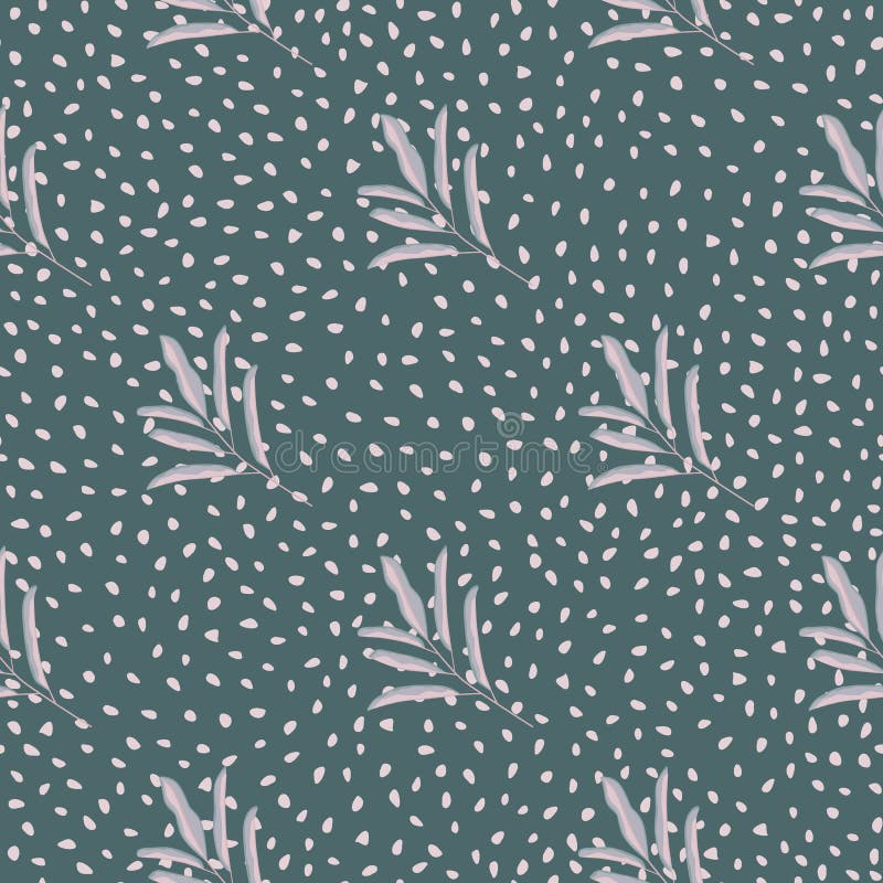Lilac abstract minimalistic leaf branches silhouettes ornament. Green dotted background stock illustration
