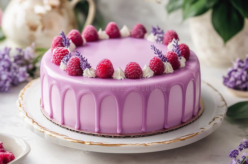 Lilac cheesecake with berries on a plate close-up. stock photos