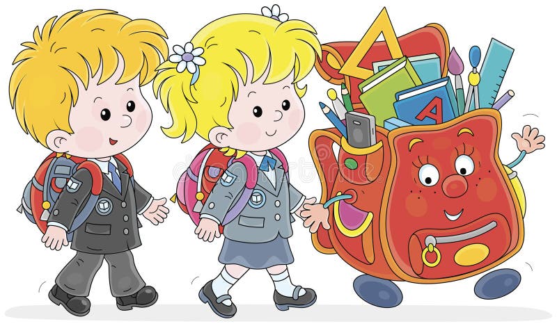 Lilla skolbarn och karikatyrskolväska vektor illustrationer