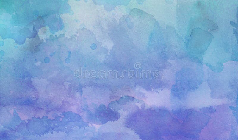 Lilor och den blåa gröna vattenfärgen tvättar bakgrund med frans blöder och blommar fläckar i kornig vattenfärgmålarfärg på pappe