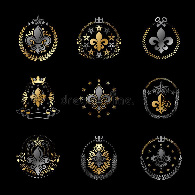 Lily Flowers Royal Symbols Emblems Set. Heraldic Coat Of Arms ...