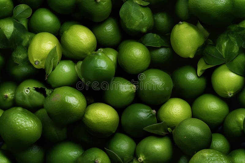 Lime background. Close up view of fresh green limes. Generative AI