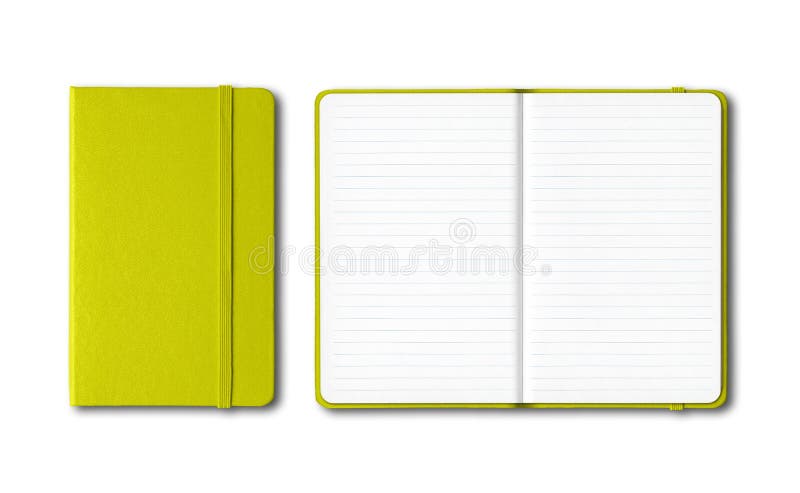 Lime green closed and open lined notebooks isolated on white royalty free stock image