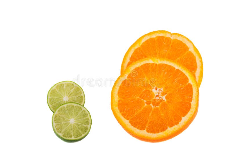 Lime and orange cut in half isolated on white