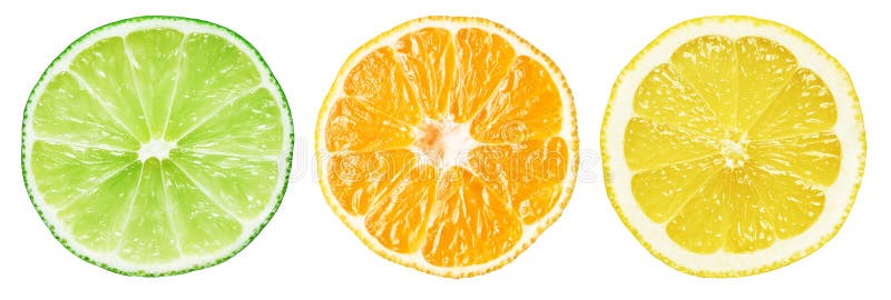 Lime, Orange, lemon. Slices of citrus fruits. Isolated