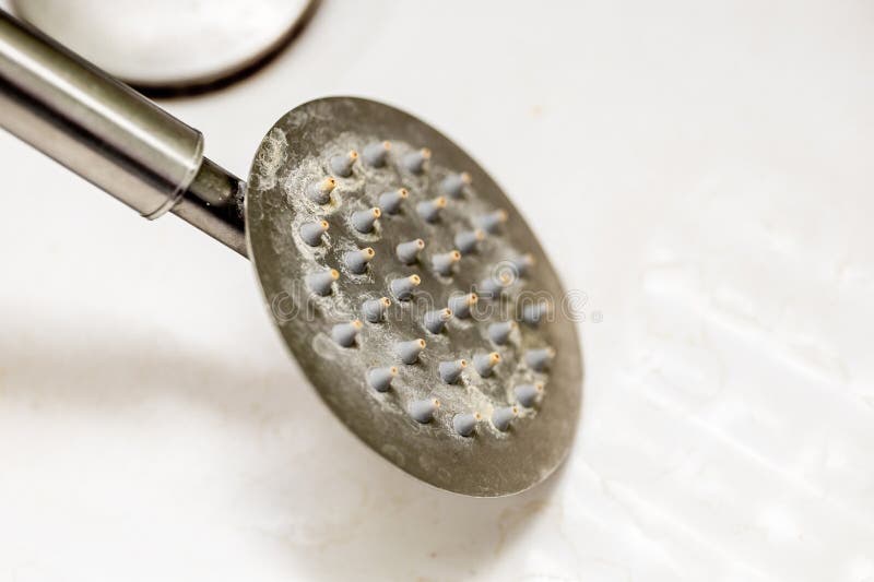 Limescale on the shower head and shower cabin. How to remove limescale in the bathroom. Dirty shower head. royalty free stock photography