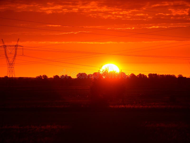 High voltage lines early in the morning. Red pylons stock images, royalty-free photos and pictures