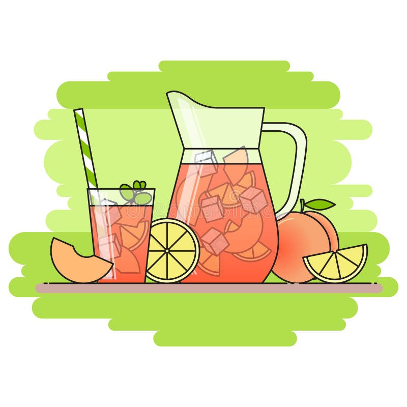 Limonada com fatias do fruto, gelo do pêssego e significado no jarro e no vidro com palha, o limão cortado e o pêssego Isolado no ilustração royalty free Limonada com fatias do fruto, gelo do pêssego e significado no jarro e no vidro com palha, o limão cortado e o pêssego Isolado no ilustração royalty free