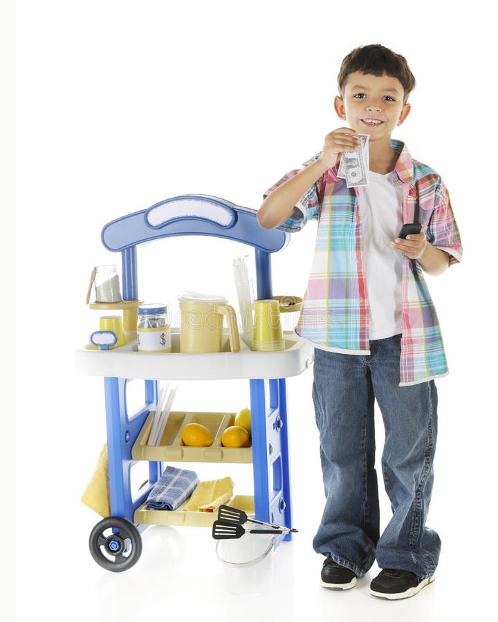 An adorable preschooler delighted with the money he's making from his lemonade stand. On a white background. An adorable preschooler delighted with the money he's making from his lemonade stand. On a white background.