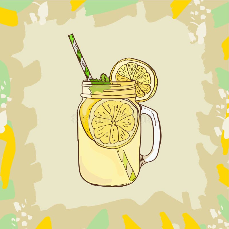 Limonada na caneca do frasco de pedreiro com a cunha de palha bebendo e de limão Ilustração de refrescamento do clipart do vetor ilustração stock Limonada na caneca do frasco de pedreiro com a cunha de palha bebendo e de limão Ilustração de refrescamento do clipart do vetor ilustração stock