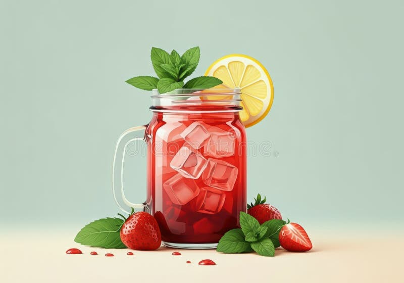 Limonadă de căpșuni într-un borcan de zidar cu frunze de gheață și mentă stock images