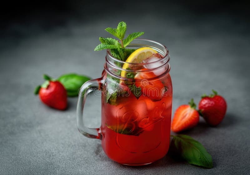 Limonadă de mentă de căpșuni într-un borcan de zidar cu ingrediente proaspete stock photos