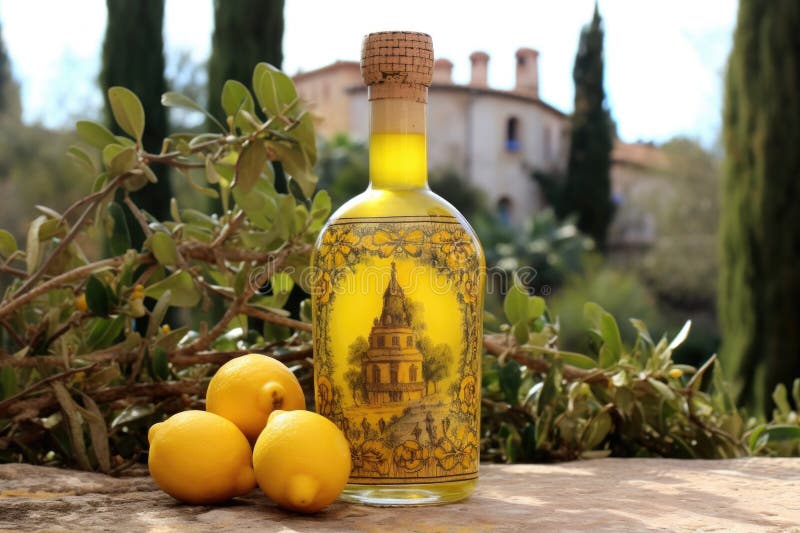 Limoncello bottle with cork, surrounded by lemon trees royalty free stock photo