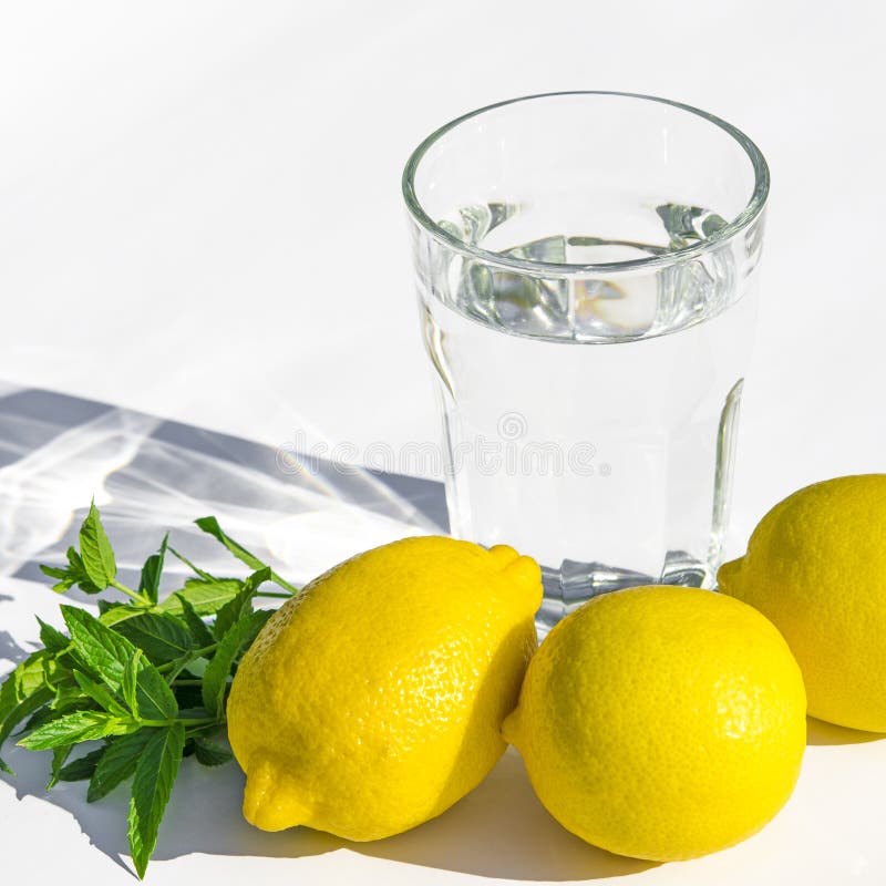 Limones, menta verde fresca y un vidrio de cristal con agua en un fondo blanco foto de archivo libre de regalías Limones, menta verde fresca y un vidrio de cristal con agua en un fondo blanco foto de archivo libre de regalías