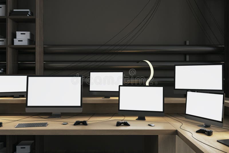 Monitor com tela branca em branco jogos em casa simulação de computador  copiar espaço para apresentação do site do jogo de aplicativo tela vazia  interior moderno luzes de neon local do jogador