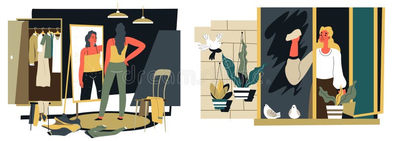 Limpiar Ventanas Y Probar Ropa En Casa Ilustración del Vector - Ilustración  de muchacha, casa: 230917585