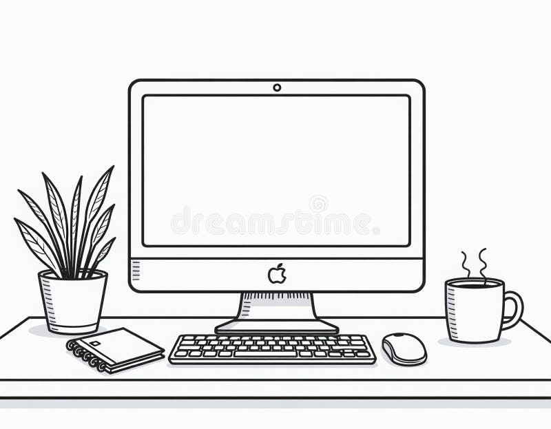 Limpieza de la configuración de un escritorio minimalista con ilustración de arte de la planta de computadoras y de la línea de ca libre illustration