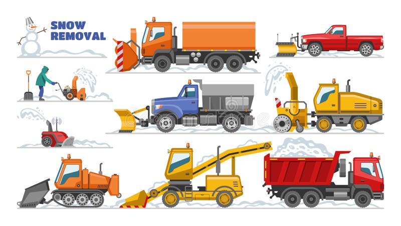 Limpieza del tractor del equipo del quitanieves de la máquina del invierno del vector de la retirada de la nieve que quita el sis stock de ilustración Limpieza del tractor del equipo del quitanieves de la máquina del invierno del vector de la retirada de la nieve que quita el sis stock de ilustración