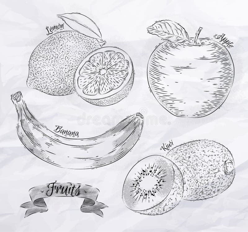 Limão do fruto, maçã, banana, vintage do quivi ilustração do vetor Limão do fruto, maçã, banana, vintage do quivi ilustração do vetor